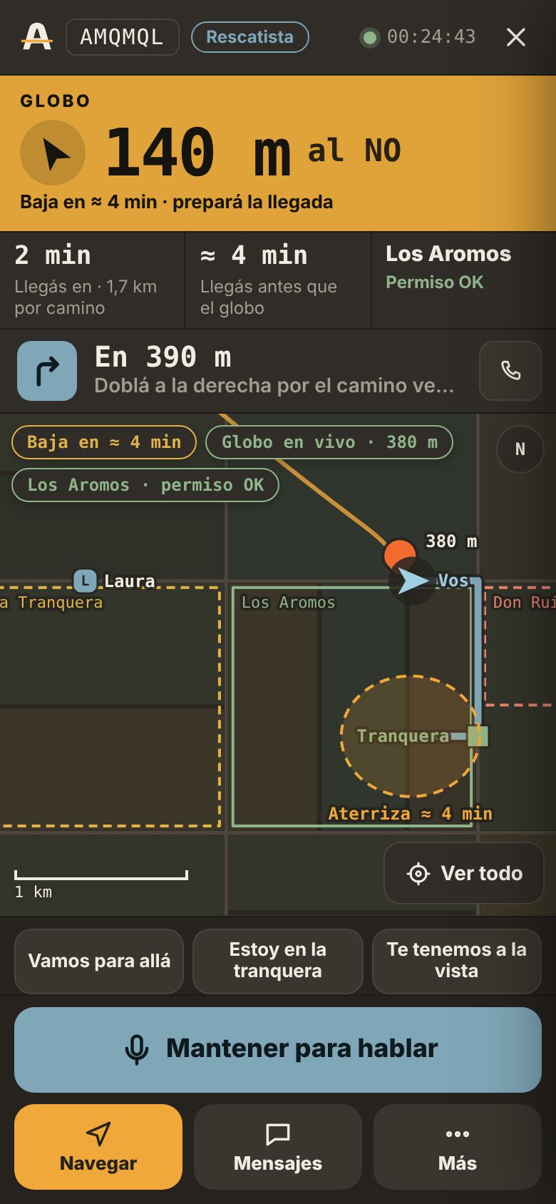 Pantalla del rescatista en el celular